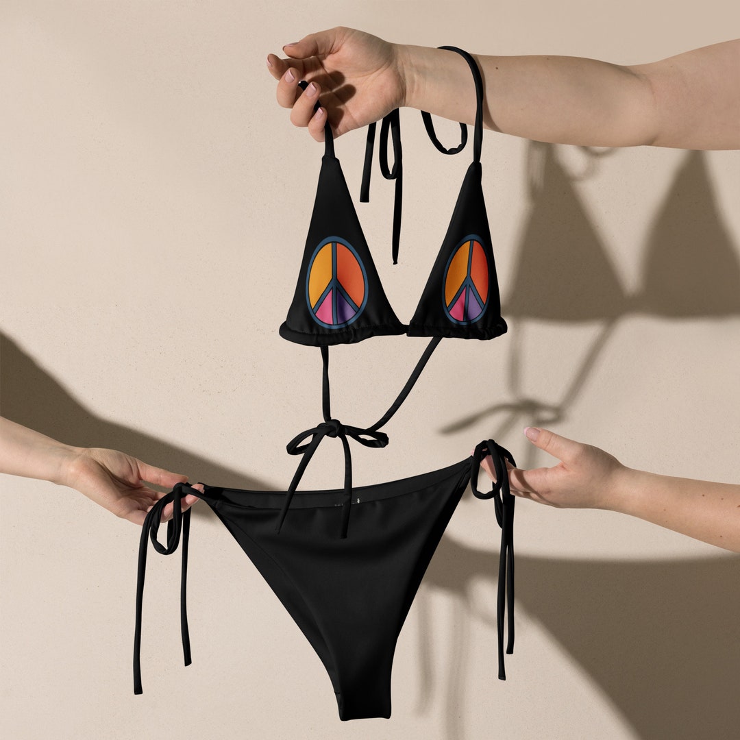Retro Peace Sign Bikini, Cute String Bikini, All-over Print Recycled ...