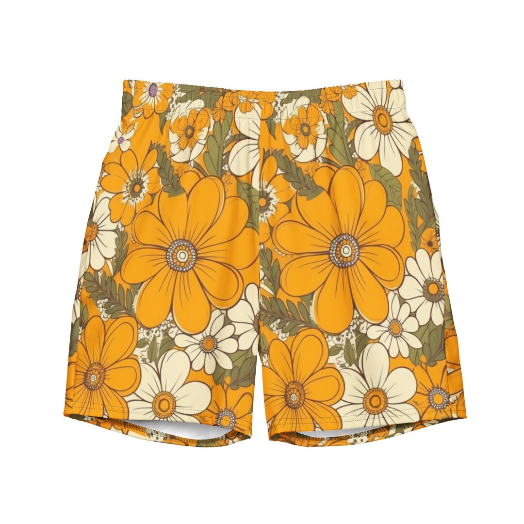 Mens Yellow Flower Power Swim Trunks, Botanical Retro Mens Bathingsuits ...