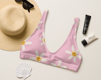Pink Retro Daisy Bikini Top/  Smiley Face Bikini Top/ Recycled padded bikini top