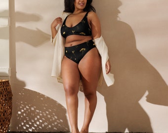 Herbal Floral Recycled high-waisted bikini/ Black and Yellow Botanical Bikini/ Sizes XS-3XL