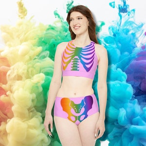Rainbow Skeleton Two Piece/ Pink Rainbow Swimsuit/ High Waist Bottoms