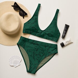 Emerald Green Botanical Recycled high-waisted bikini/ Sizes XS-3XL