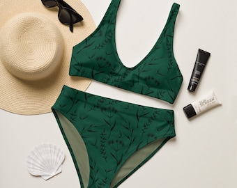 Emerald Green Botanical Recycled high-waisted bikini/ Sizes XS-3XL