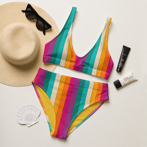 Rainbow Striped Recycled High waisted Bikini Sizes XS 3XL Dopamine Bikini Etsy Canada