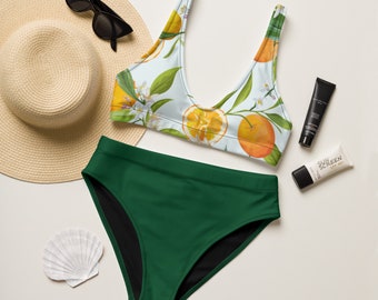 Cute Oranges Bikini Set/ Two Piece Swimsuit Set/ Recycled high-waisted bikini