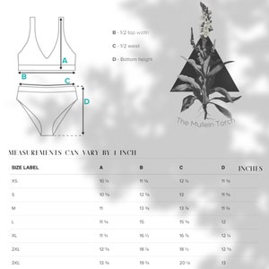 May include: Size chart for a bikini top and bottom with measurements in inches. The chart shows the size label, bust, waist, hip, and bottom height measurements for sizes XS to 3XL.