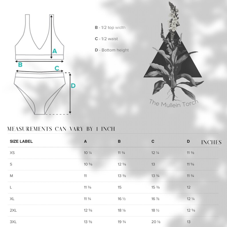 May include: Size chart for a bikini top and bottom with measurements in inches. The chart shows the size label, bust, waist, hip, and bottom height measurements for sizes XS to 3XL.