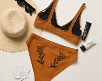 Botanical Recycled high-waisted bikini/ Deep Orange/ Yarrow herb/ Sizes XS-3XL