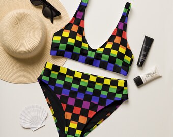 Colorful Checkered Bikini Set/  High Waisted Bikini Set/ Checkered Rainbow Swimsuit/ Sizes XS-3XL