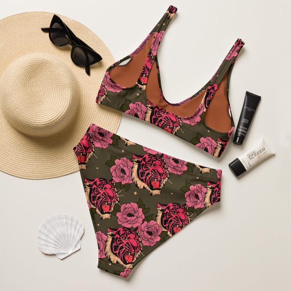 Retro Floral Tiger High Waisted Bikini Set, Pink Tiger Bathing
