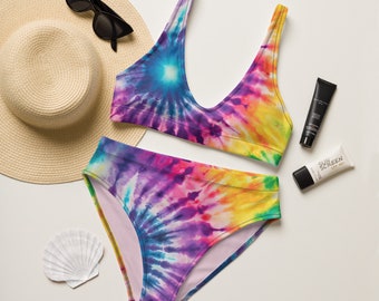 Cute Tie Dye Bikini Set, Retro Bikini, Cute Bathing Suit Set, Purple and Pink Tie Dye Swim Suit, Recycled high-waisted bikini