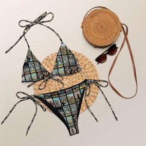 Bikini con Carta del Tarot de la Luna/Bikini de Tiras Witchcore/Bikini de tiras recicladas con estampado integral, Conjunto de Bikini con Carta del Tarot Retro, Conjunto de Bikini Witchy