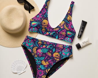 Neon Goth Bikini, Gothic Bikini, Psychedelic Swimsuit, Skull Bikini, Skull Swimsuit, High Waisted Bikini Set