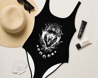 Goth One-Piece Swimsuit/ Goth Body Suit/ Moon Phase Swimsuit