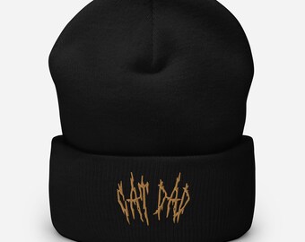 Cat Dad Cuffed Beanie in Black Metal letters.