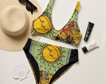The Moon - Tarotkaartbikini/ Witchcore-stringbikini/ All-overprint gerecyclede, gerecyclede bikini met hoge taille