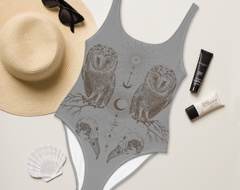 Owl and Crow One-Piece Swimsuit/ Bodysuit/ Witchy One Piece/ Witchcore Bathing Suit