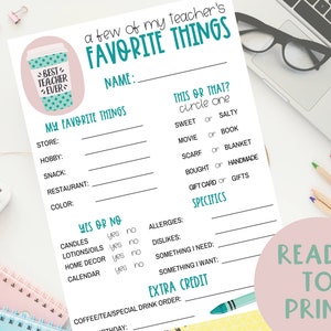 Teacher Favorites Survey for Gift Giving | Teacher Appreciation Ideas |