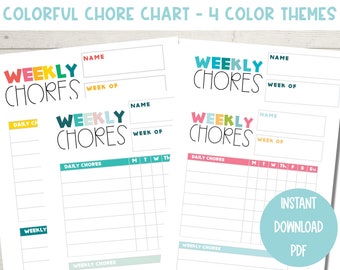 May include: Four printable chore charts with different color themes. Each chart has a space for a name, week of, daily chores, and weekly chores. The charts are designed for kids and feature colorful text that says "Weekly Chores".