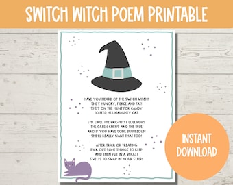 Puede incluir: Poema imprimible sobre una bruja a la que le encanta el dulce. El poema está escrito con un tono alegre y presenta una linda ilustración de una bruja con un sombrero negro y un gato morado. El texto dice: "¿Has oído hablar de la bruja del intercambio? ¡Tiene hambre, es feroz y gorda! ¡Está buscando dulces para alimentar a su gato travieso! Le gustan las piruletas más brillantes, las gominolas verdes y azules, y si tienes chicle, ¡realmente querrá eso también! Después de hacer el truco o trato, elige algunas cosas para guardar y luego ponlas en un cubo, ¡dulces para intercambiar mientras duermes!"