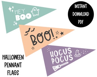 May include: Three printable Halloween pennant flags. The first flag is light green with the text "Hey Boo!" and a ghost. The second flag is peach with the text "Boo!" and bats. The third flag is purple with the text "Hocus Pocus" and a witch's hat and broom.