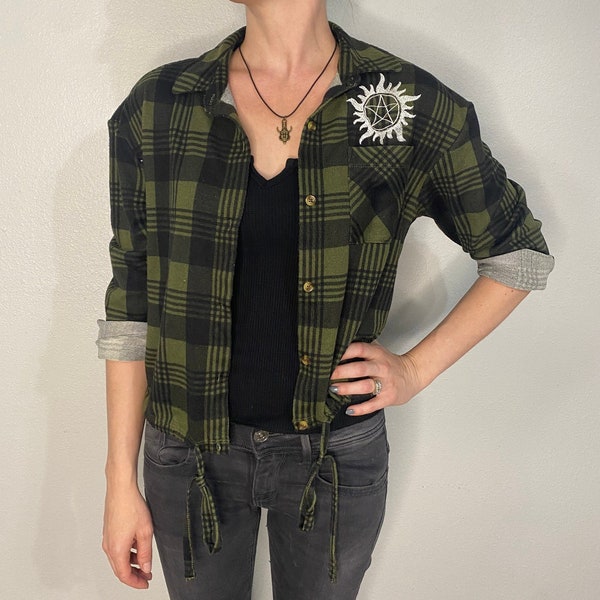 Super Discount!! Women’s fit Plaid Shirt inspired by Supernatural embroidered with waist string and buttons Sam Dean style