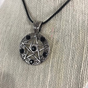 Rhinestone Pentagram necklace black with leather chord adjustable up to 22” inspired by supernatural charmed pentacle wicken