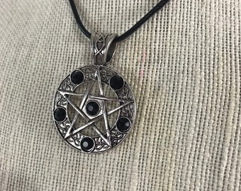 Rhinestone Pentagram necklace black with leather chord adjustable up to 22” inspired by supernatural charmed pentacle wicken