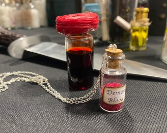 Demon blood vial necklace inspired by supernatural on metal or black leather chord you choose jewelry tiny bottle with cross micro beeds