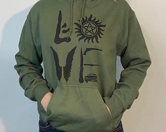 Supernatural Inspired Love Hoodie or T-Shirt with all the symbols for Sam Dean Castiel Crowley Impala tv show
