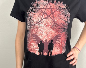 Haunted Forest Supernatural inspire t-shirt with Sam and dean Winchester faces and the road with quote Impala 1967 we are home black t shirt