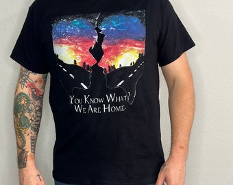 Supernatural inspired t-shirt with Sam and dean Winchester faces and the road with quote Impala 1967 we are home black t shirt