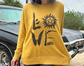 Super Discount!! Women’s fit long cut super soft supernatural love crewneck sweatshirt drape fit sweater Sam dean symbols
