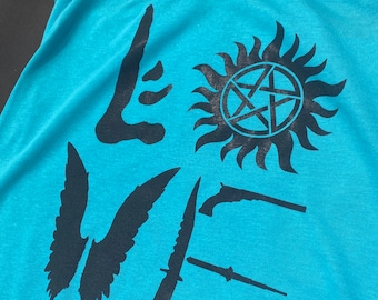 Teal LOVE Supernatural tank top symbols from the show women’s fit