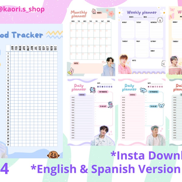 BTS Planner | A4 | PDF | English and Spanish | BTS Digital Planner | Instant Download | Kpop Stationery Journal |  Bt21 Planner