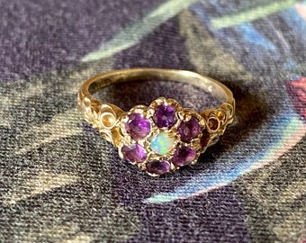 Antique Amethyst and Opal Cluster Ring made in London in 1904