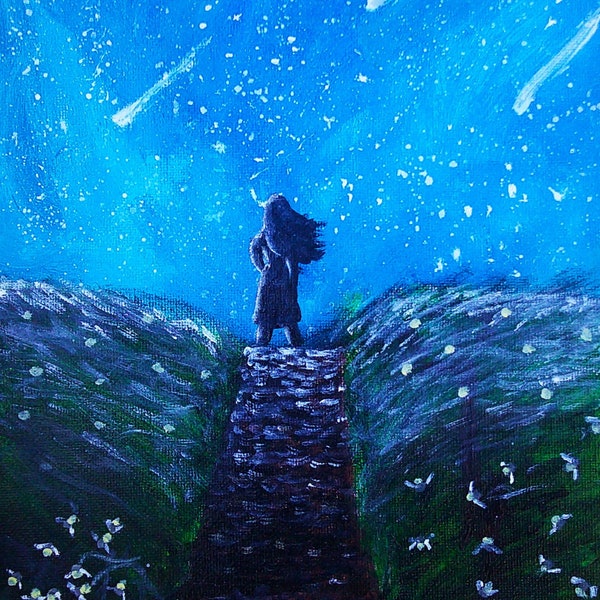 Fireflies and Stars, painting, nighttime, hill, path, stars, fireflies, 8x10 stretched canvas, wall art, deco