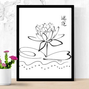 Pôster LOTUS, desenho de linha de flores, arte de linha botânica, arte de flor de lótus, pôster de parede para impressão digital minimalista para download, texto chinês