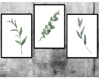 Set von 3 botanischen Drucken,Digitale Kunstdrucke,Aquarell Kunst,Pflanzen kunst botanisch,Grüne Pflanze Druck,Minimalistisches Natur Dekor,Digitaler Download