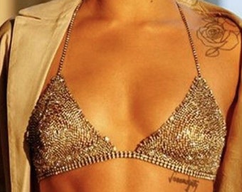 Gold/Silver Sexy Classic Rhinestone Bikini Chest Bracket Crystal Bras Chain Nightclub and Partying Body Jewelry for Women, Body Chain Gift