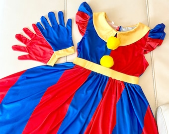 Kids Clown Pomni Costume with Gloves, The Amazing Digital Circus Movie Costume Set, Girl Party Dress up, Halloween Costume, Clown Dress Gift