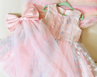 Flower Girl Dress with Tulle Bow, Toddler Birthday Party Dress, Girl Wedding Dress, Baby Dress Tutu, Toddler Prom Dress, Personalized Gift