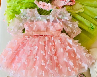 Rosa Schmetterling Kleid mit Stirnband, Kleinkind-Geburtstags-Partykleid, Baby-Fee-Partykleid, Mädchen Schmetterling Outfit, Blumenmädchen Kleid, Party Geschenk