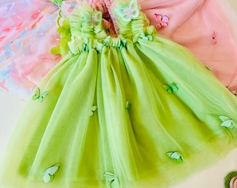 Robe de soirée verte papillon bébé, robe de soirée d'anniversaire pour tout-petit, robe de soirée fée bébé, tenue papillon bébé fille, cadeau aile de robe de soirée