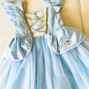 K&ouml;nnte beinhalten: Ein hellblaues T&uuml;llkleid mit einem wei&szlig;en Oberteil und goldenen Verzierungen. Das Kleid hat einen wei&szlig;en Satinbesatz am Ausschnitt und eine wei&szlig;e Satin Schleife am R&uuml;cken. Das Kleid hat eine wei&szlig;e Satinschleife mit einer goldenen Schnalle. Das Kleid hat eine wei&szlig;e Satin Applikation mit dem Text "Lass uns vergessen, dass wir erwachsen sind" auf der Vorderseite.