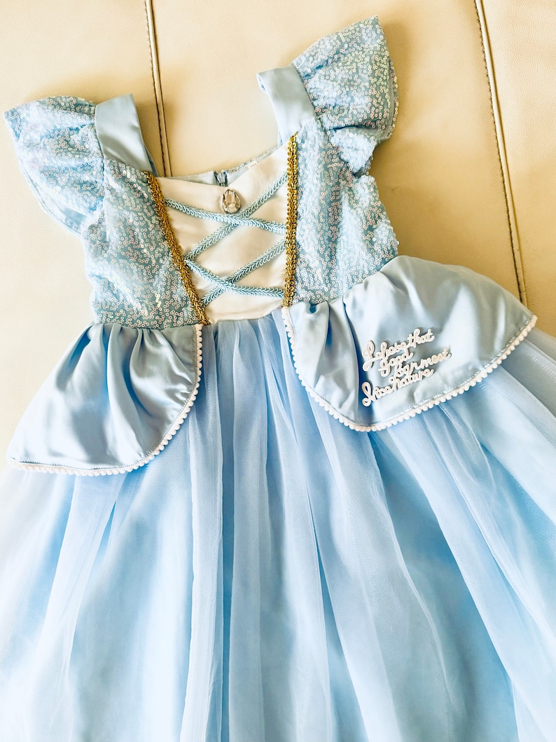 K&ouml;nnte beinhalten: Ein hellblaues T&uuml;llkleid mit einem wei&szlig;en Oberteil und goldenen Verzierungen. Das Kleid hat einen wei&szlig;en Satinbesatz am Ausschnitt und eine wei&szlig;e Satin Schleife am R&uuml;cken. Das Kleid hat eine wei&szlig;e Satinschleife mit einer goldenen Schnalle. Das Kleid hat eine wei&szlig;e Satin Applikation mit dem Text "Lass uns vergessen, dass wir erwachsen sind" auf der Vorderseite.