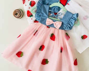Baby Pink Strawberry Dress, Toddler Birthday Party Dress, Baby Strawberry Party Dress, Baby girls Summer Dress, Toddler Cotton Dress Tutu
