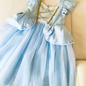K&ouml;nnte beinhalten: Ein hellblaues T&uuml;llkleid mit einem Satin-Oberteil und goldenen Verzierungen. Das Kleid hat einen Schn&uuml;rr&uuml;cken und einen R&uuml;schenrock.