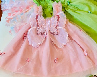 Robe de soirée rose papillon bébé, robe de soirée d'anniversaire pour tout-petit, robe de soirée fée bébé, tenue papillon bébé fille, cadeau aile de robe de soirée