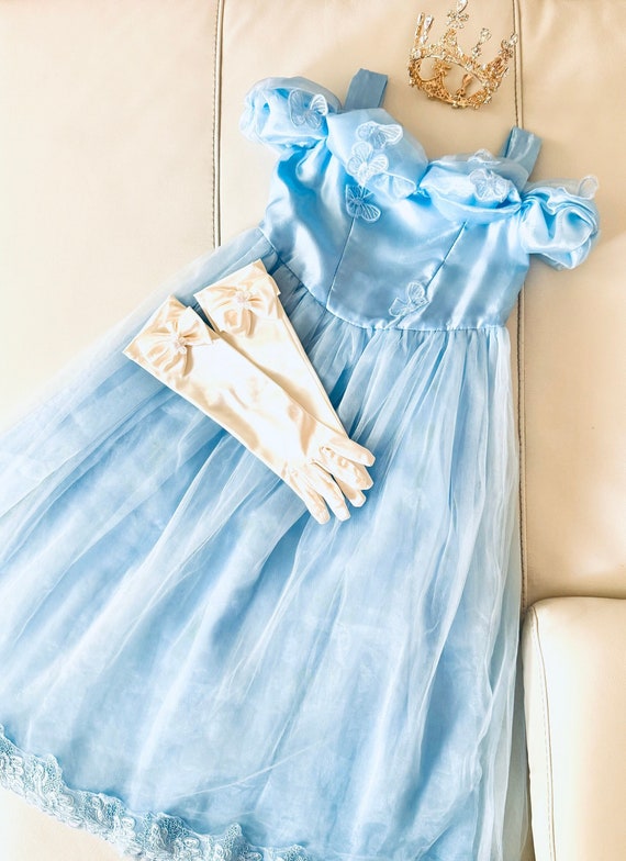 cinderella blue butterfly dress Blue Tulle Long A-Line Prom Dress with Butterfly Lace, Beautiful Short